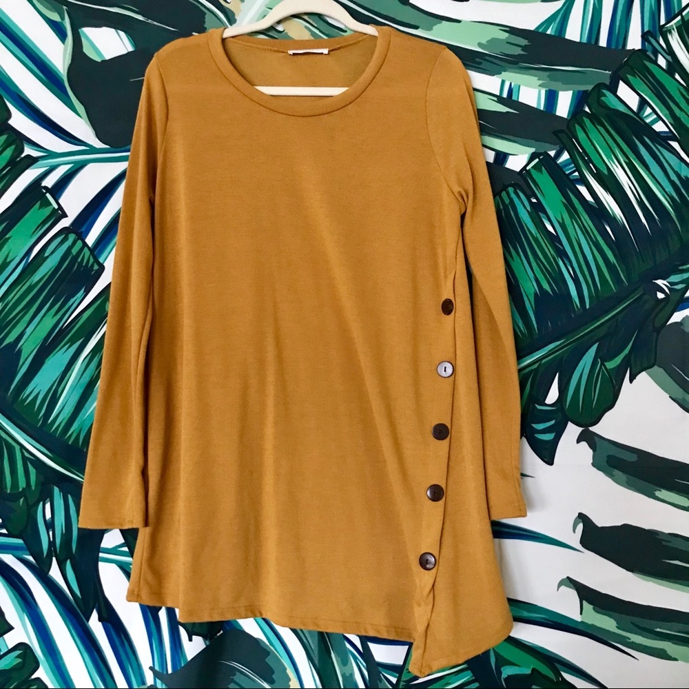 Mustard Yellow Asymmetrical Hem and Button Sweater